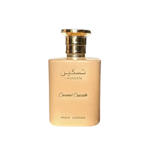 A bottle of taskeen Caramel Cascade perfume next to three clear sample spray vials, including one with a black cap, on a plain white background.