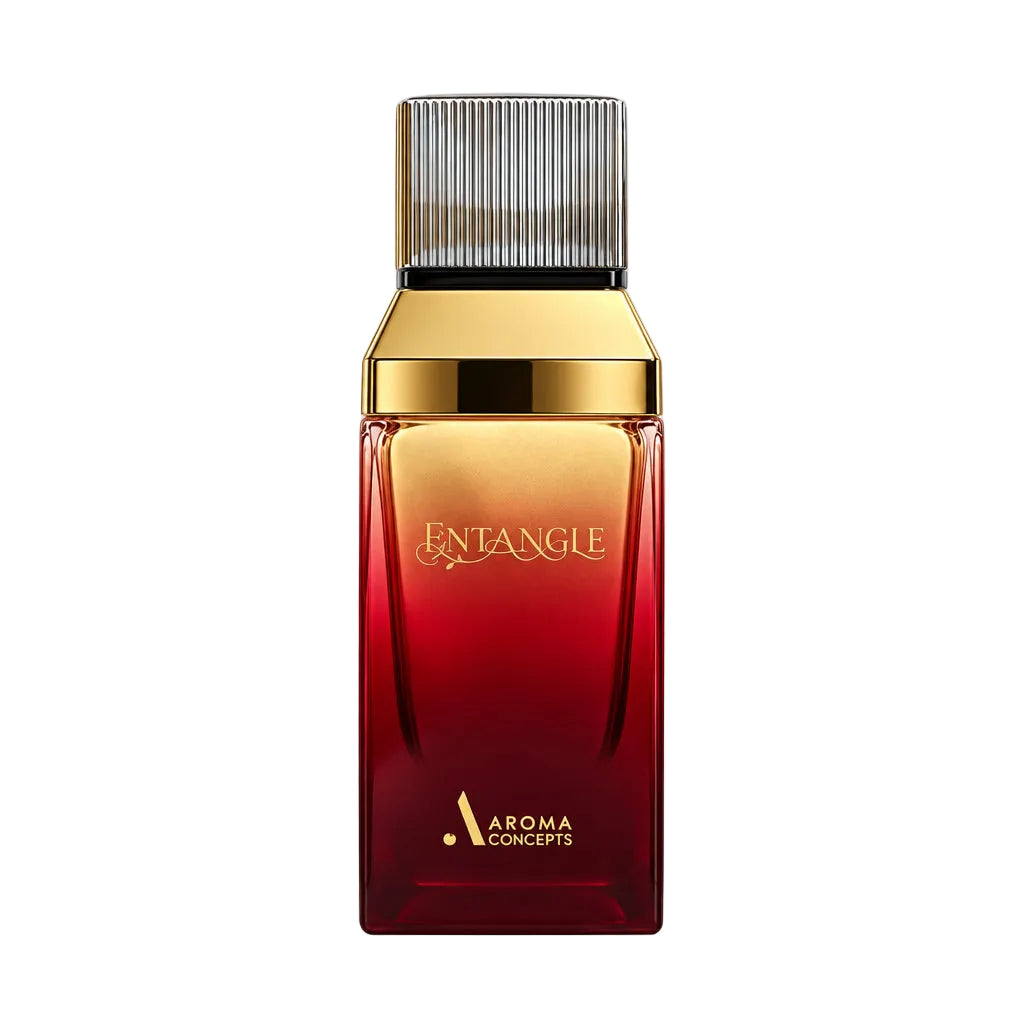 A rectangular perfume bottle with a metallic gold top and a red-to-brown gradient glass body, shown with two small clear sample spray vials on a plain white background. The bottle is labeled 'ENTANGLE' and 'AROMA CONCEPTS'.