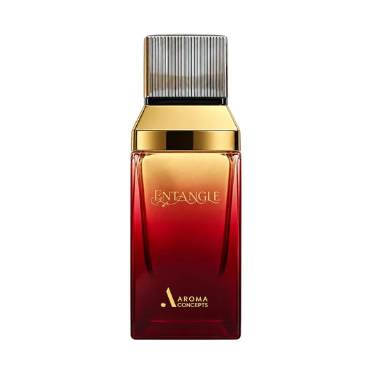 A rectangular perfume bottle with a metallic gold top and a red-to-brown gradient glass body, shown with two small clear sample spray vials on a plain white background. The bottle is labeled 'ENTANGLE' and 'AROMA CONCEPTS'.