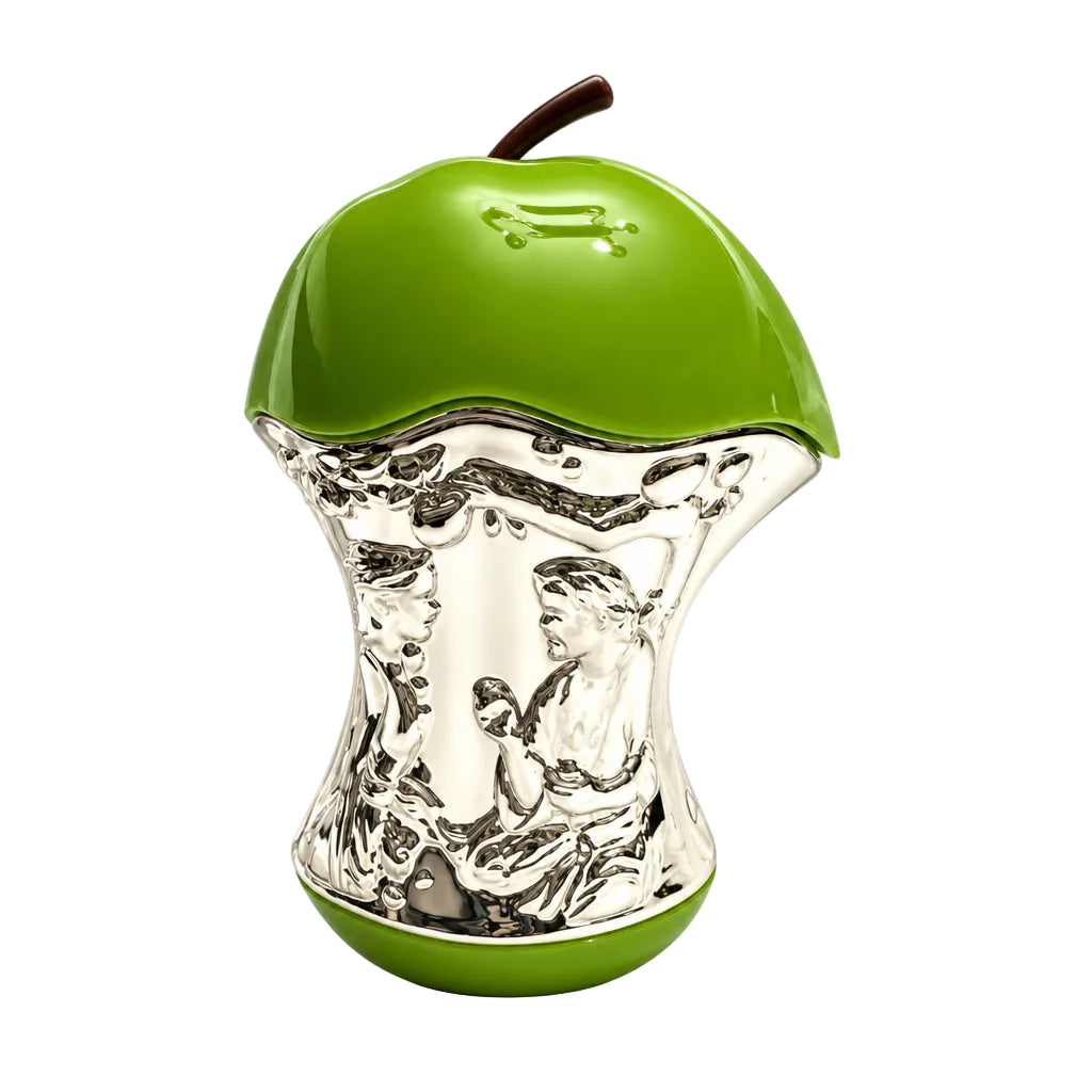 A green apple-shaped perfume atomizer with a clear glass neck, shown alongside three clear sample spray vials on a white background.