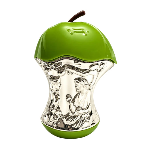 A green apple-shaped perfume atomizer with a clear glass neck, shown alongside three clear sample spray vials on a white background.