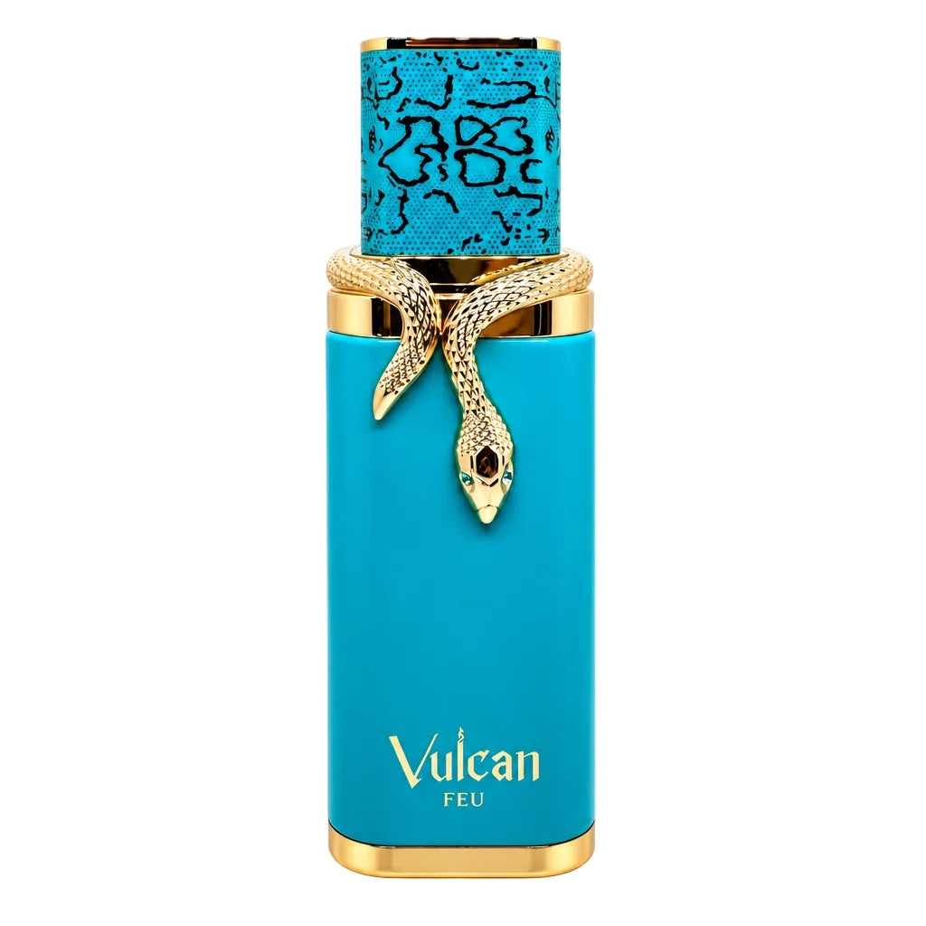 Vulcan Feu perfume bottle in bright turquoise blue with gold trim, a sculpted snake detail on the front, and a patterned blue cap. Three small clear sample spray vials are shown to the right on a plain white background.