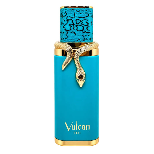 Vulcan Feu perfume bottle in bright turquoise blue with gold trim, a sculpted snake detail on the front, and a patterned blue cap. Three small clear sample spray vials are shown to the right on a plain white background.