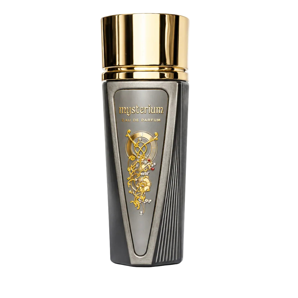 A gray and gold cosmetic bottle with a gold cap, shown next to three clear sample vials on a white background.