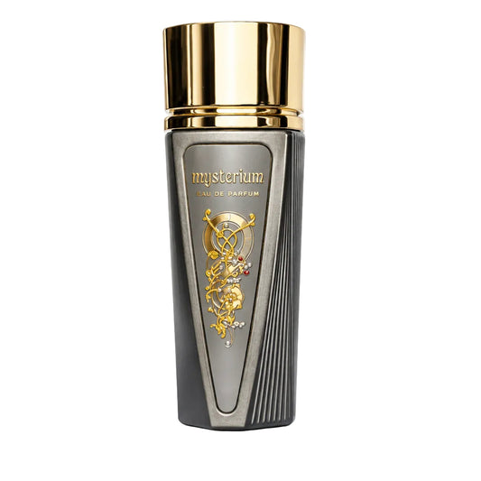 A gray and gold cosmetic bottle with a gold cap, shown next to three clear sample vials on a white background.