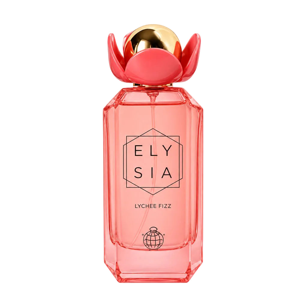 A pink glass perfume bottle labeled ELYSIA with a red flower-shaped cap and gold top, shown next to three clear sample spray vials on a white background.