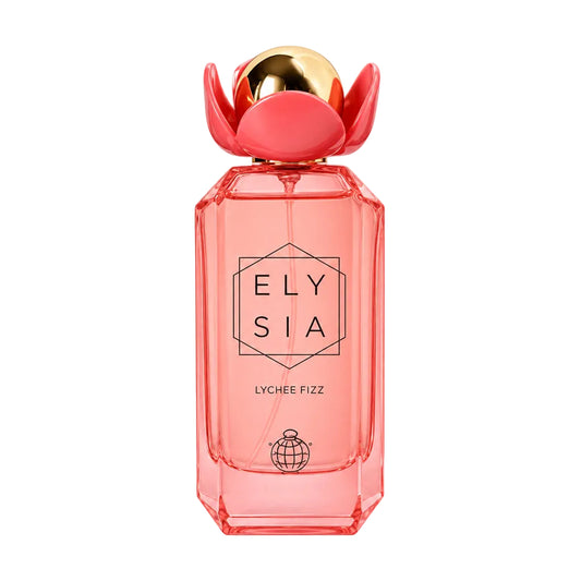 A pink glass perfume bottle labeled ELYSIA with a red flower-shaped cap and gold top, shown next to three clear sample spray vials on a white background.