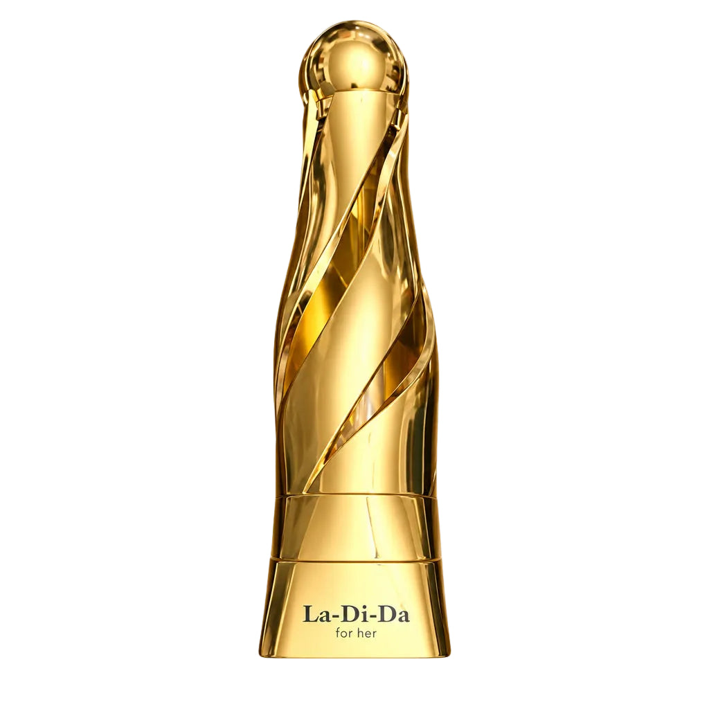 La-Di-Da fragrance bottle in metallic gold with three clear sample spray vials on a plain white background.