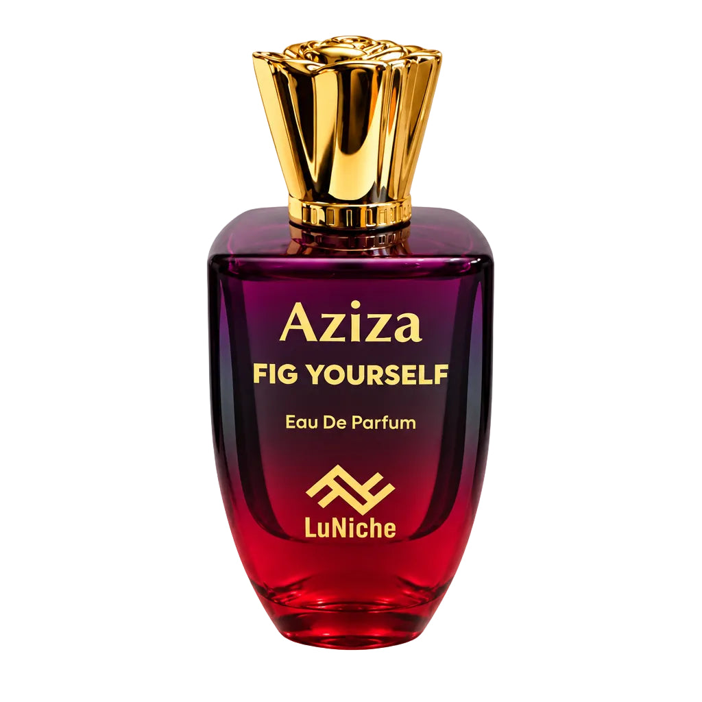 A bottle of Aziza Fig Yourself Eau De Parfum by LuNiche, featuring a dark purple-to-red gradient glass bottle with a metallic gold cap, shown next to two clear sample spray vials on a white background.