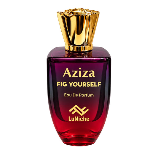 A bottle of Aziza Fig Yourself Eau De Parfum by LuNiche, featuring a dark purple-to-red gradient glass bottle with a metallic gold cap, shown next to two clear sample spray vials on a white background.