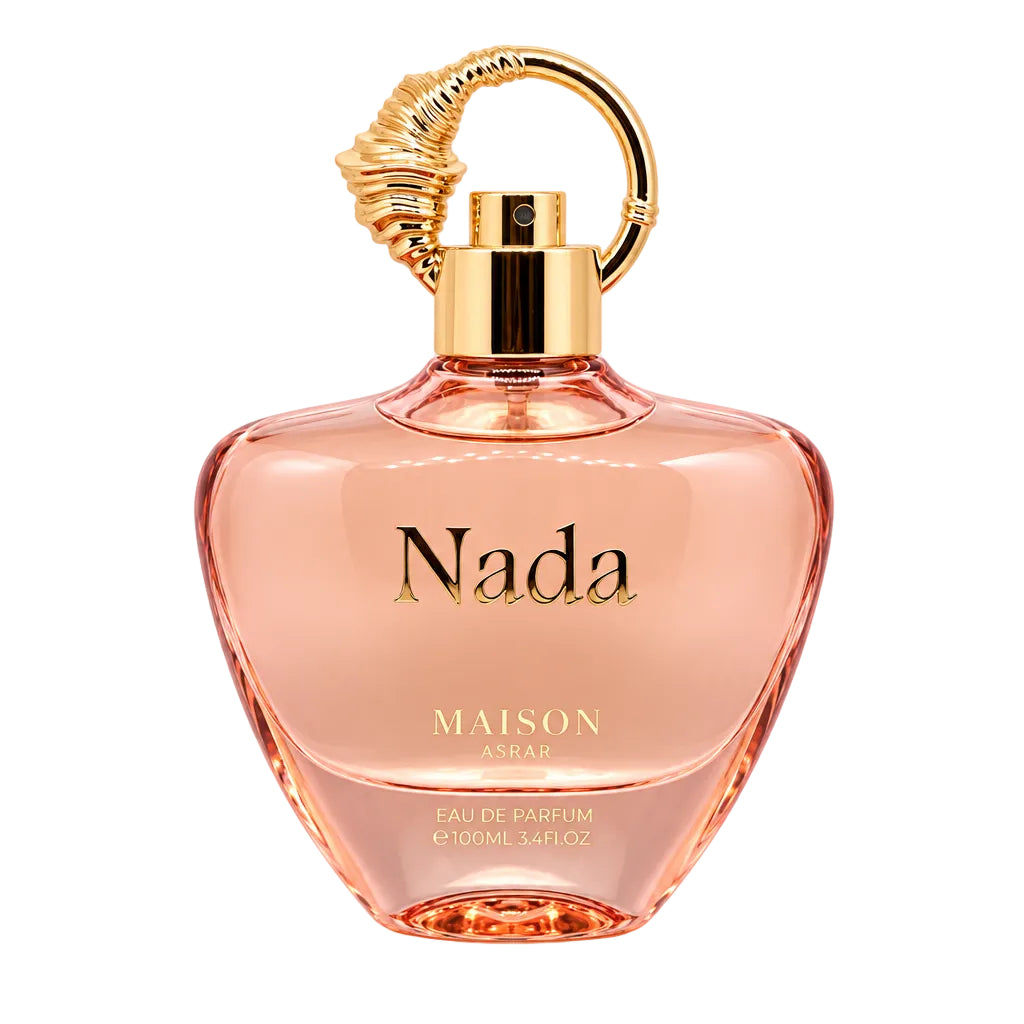Maison Nada perfume bottle in a peachy pink glass with a gold cap and lion head detail, shown next to three clear sample spray vials on a white background.