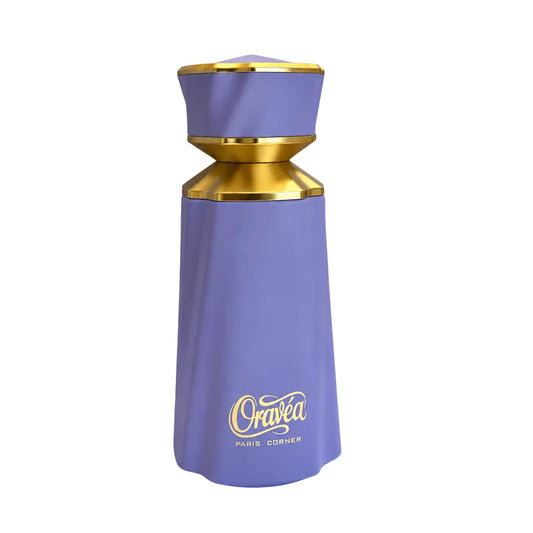 A lavender purple and gold perfume bottle labeled 'Oravea Paris Cologne' stands next to three clear sample spray vials on a plain white background.