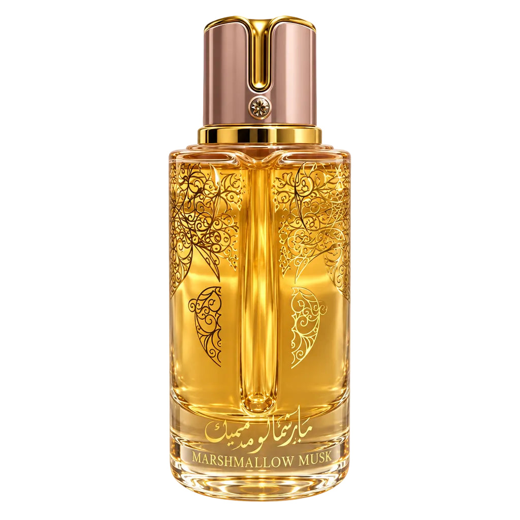 A bottle of marshmallow Musk perfume with a metallic rose gold cap and gold-toned liquid inside a clear glass bottle decorated with black floral patterns. Two small clear sample spray vials are shown next to the main bottle on a plain white background.