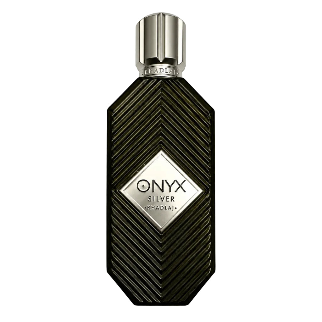 A bottle of Onyx Silver by khadlaj perfume next to three clear sample spray vials, set against a plain white background.