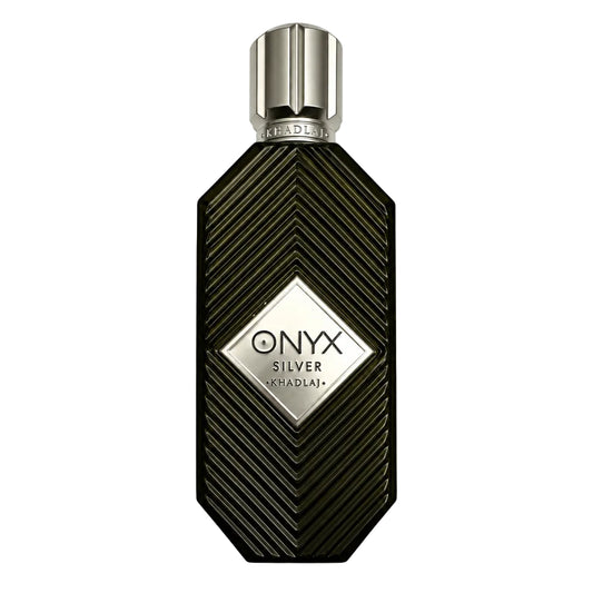 A bottle of Onyx Silver by khadlaj perfume next to three clear sample spray vials, set against a plain white background.