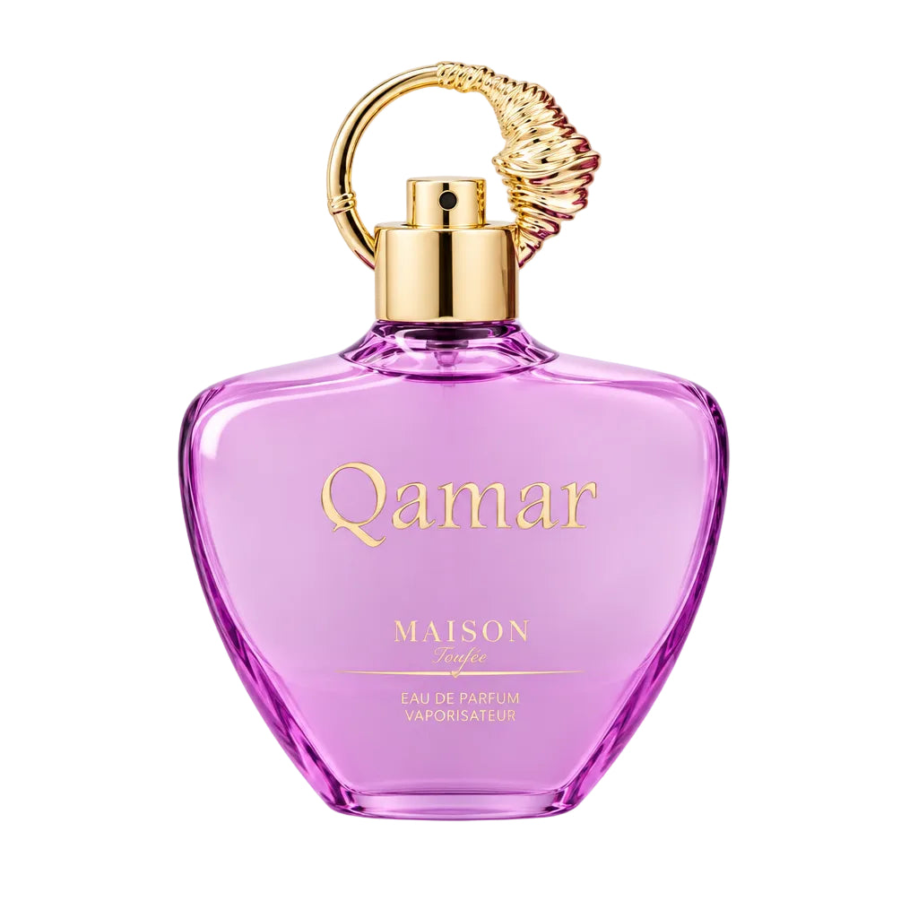 A purple glass perfume bottle labeled 'Qamar' with a gold cap, shown next to three clear sample spray vials on a plain white background.