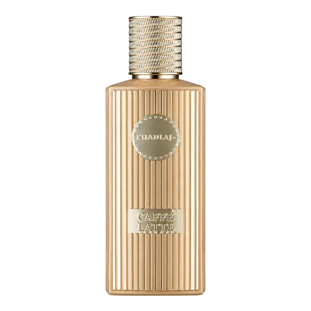 A champagne-colored ribbed perfume bottle with a textured gold cap, shown next to two clear sample spray vials on a plain white background.