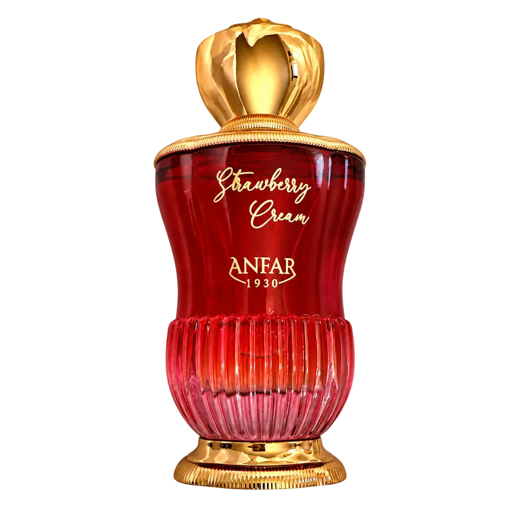 A red and gold perfume bottle labeled 'Strawberry Cream' by ANfAR, shown with two small clear sample spray vials on a plain white background.