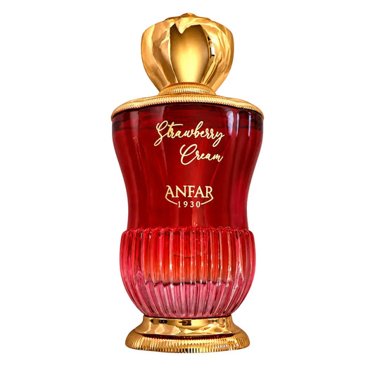 A red and gold perfume bottle labeled 'Strawberry Cream' by ANfAR, shown with two small clear sample spray vials on a plain white background.