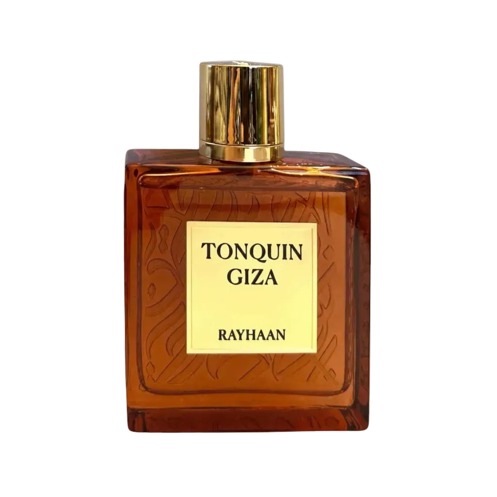 HouseThatCrowBuilt Rayhaan Tonquin Giza perfume bottle with amber glass, gold cap, and elegant label.